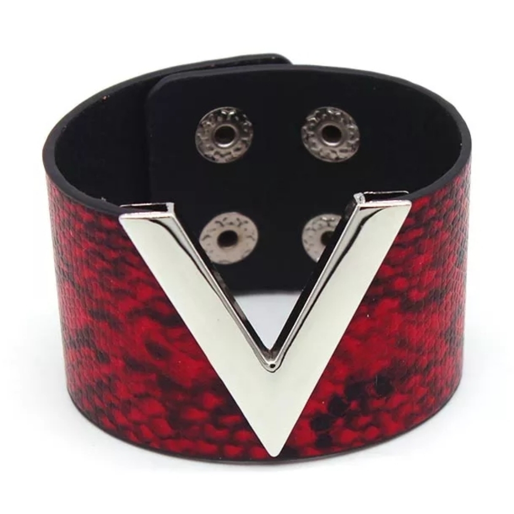 Vegan Leather Wide Cuff Bracelet V Snake Print